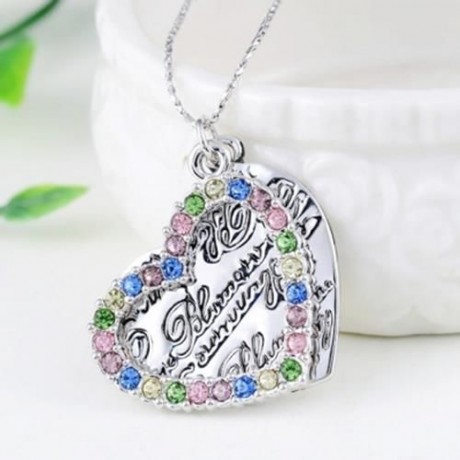 LADY ROMANTIC LOVE HEART SHAPE COLORFUL FAUX DIAMOND LETTER EMBELLISHMENT PLATINUM PLATED 