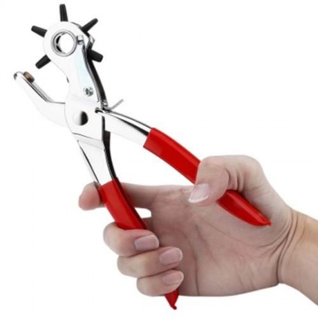 ROTARY HOLE PUNCH PLIER WITH RUBBER HANDLE FOR LEATHER BELT WATCH BAND (RED)