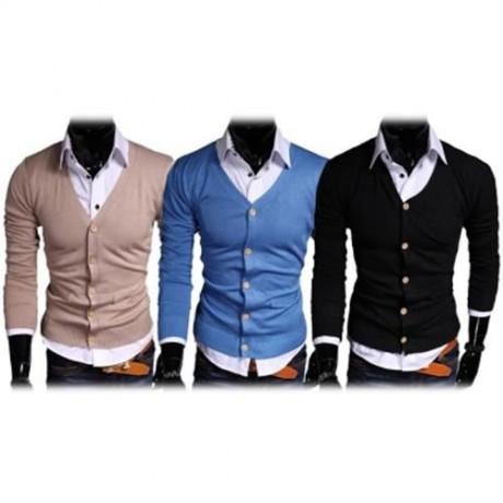 CASUAL PURE COLOR V NECK LONG SLEEVE MALE SLIM FIT KNITWEAR (KHAKI)