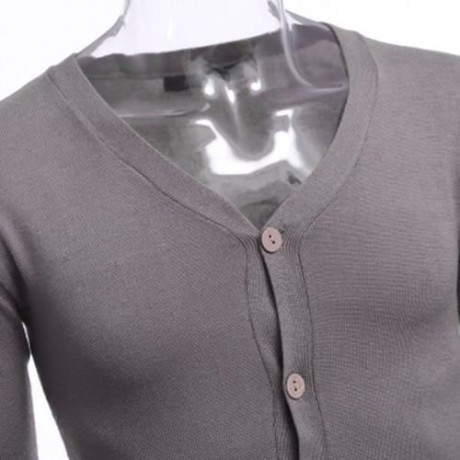 CASUAL PURE COLOR V NECK LONG SLEEVE MALE SLIM FIT KNITWEAR (KHAKI)