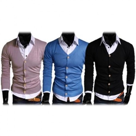 CASUAL PURE COLOR V NECK LONG SLEEVE MALE SLIM FIT KNITWEAR (KHAKI)