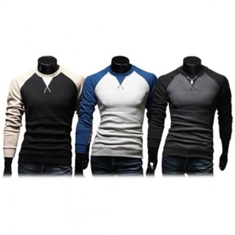 CASUAL PATCHWORK ROUND NECK MALE LONG SLEEVE SHIRT (PURPLISH BLUE)