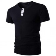 STYLISH PURE COLOR BUTTON DECORATION ROUND NECK MALE SHORT SLEEVE SHIRT (BLACK)