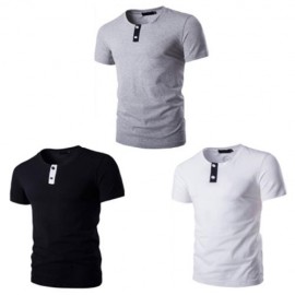 STYLISH PURE COLOR BUTTON DECORATION ROUND NECK MALE SHORT SLEEVE SHIRT (BLACK)