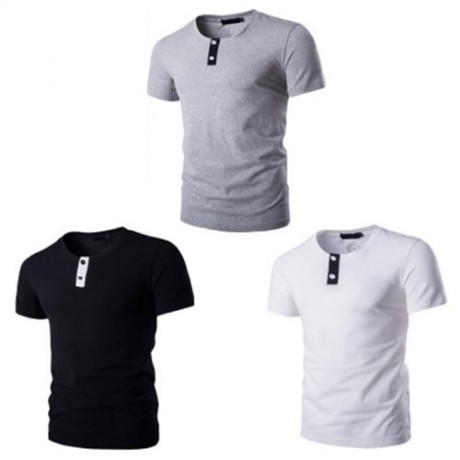 STYLISH PURE COLOR BUTTON DECORATION ROUND NECK MALE SHORT SLEEVE SHIRT (BLACK)