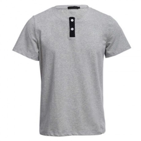 STYLISH PURE COLOR BUTTON DECORATION ROUND NECK MALE SHORT SLEEVE SHIRT (GRAY)