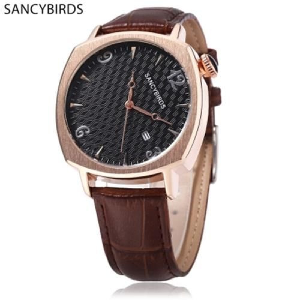 SANCYBIRDS FY979 MEN QUARTZ WATCH  DATE DISPLAY GENUINE LEATHER STRAP WRISTWATCH (BROWN LE