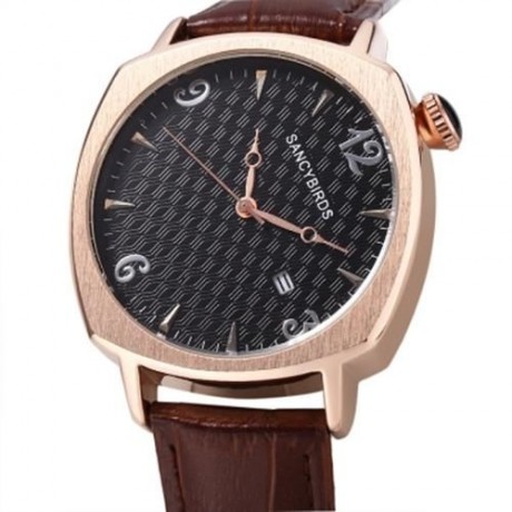 SANCYBIRDS FY979 MEN QUARTZ WATCH  DATE DISPLAY GENUINE LEATHER STRAP WRISTWATCH (BROWN LE