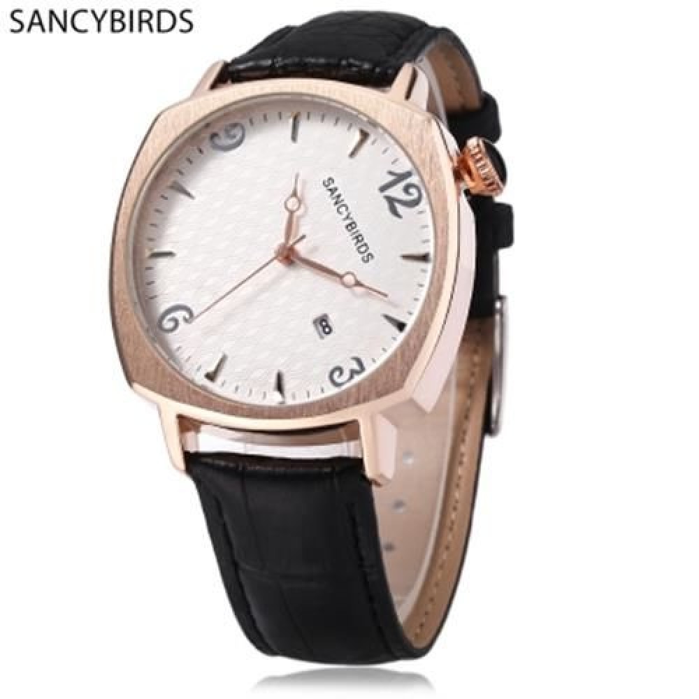 SANCYBIRDS FY979 MEN QUARTZ WATCH  DATE DISPLAY GENUINE LEATHER STRAP WRISTWATCH (BLACK LE