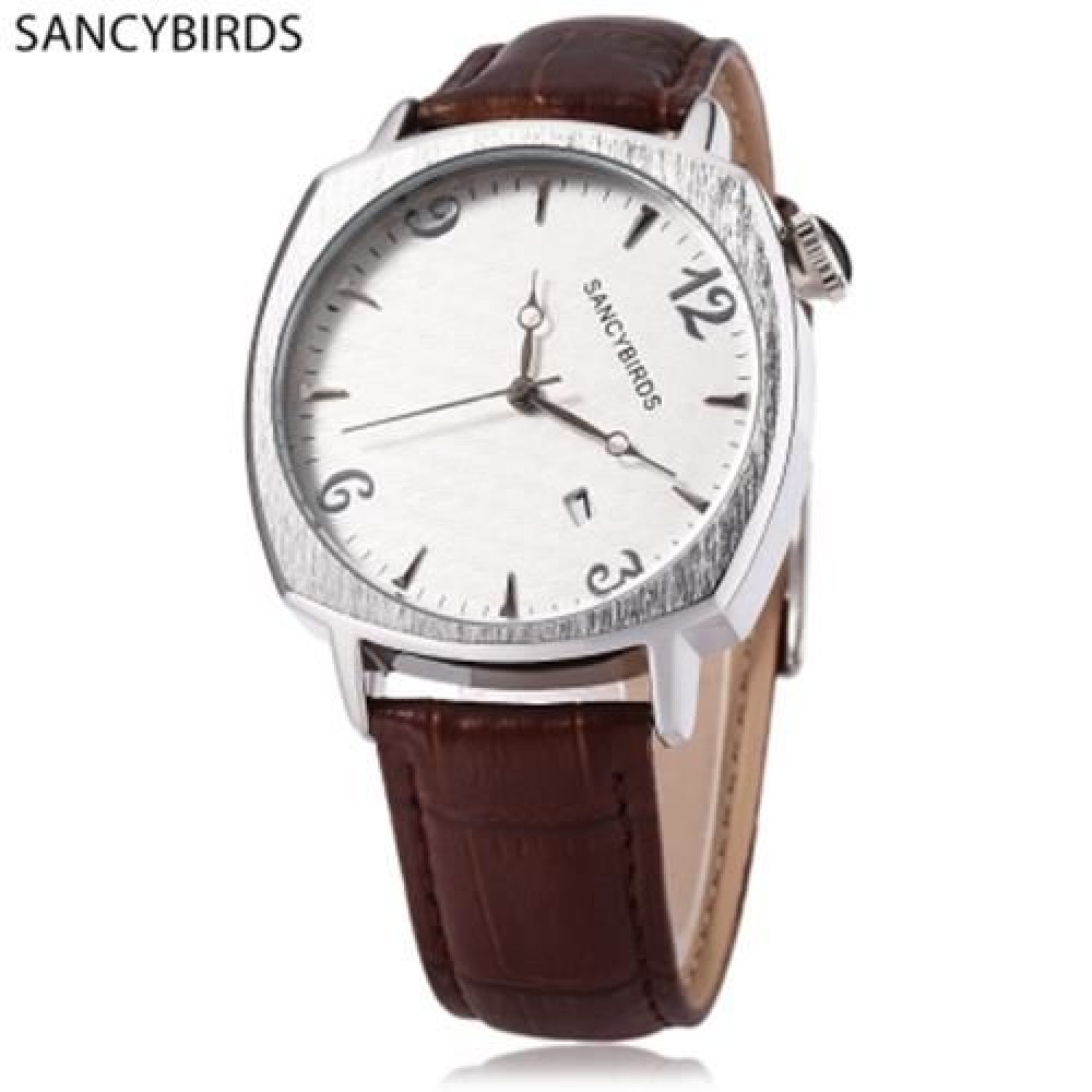 SANCYBIRDS FY979 MEN QUARTZ WATCH  DATE DISPLAY GENUINE LEATHER STRAP WRISTWATCH (BROWN LE