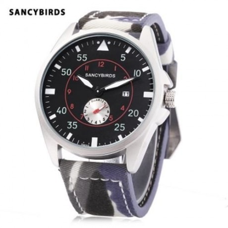 SANCYBIRDS FY964 MEN QUARTZ WATCH CANVAS BAND DATE DISPLAY WORKING SUB-DIAL WRISTWATCH (BL
