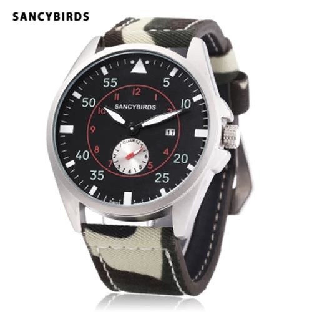 SANCYBIRDS FY964 MEN QUARTZ WATCH CANVAS BAND DATE DISPLAY WORKING SUB-DIAL WRISTWATCH (AR