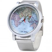 JUBAOLI 1096 WOMEN QUART WATCH MAP DECORATION BIG ROUND DIAL STEEL NET BAND (SILVER)
