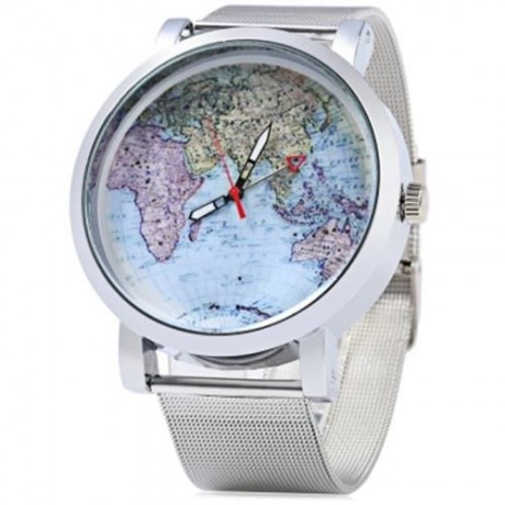 JUBAOLI 1096 WOMEN QUART WATCH MAP DECORATION BIG ROUND DIAL STEEL NET BAND (SILVER)
