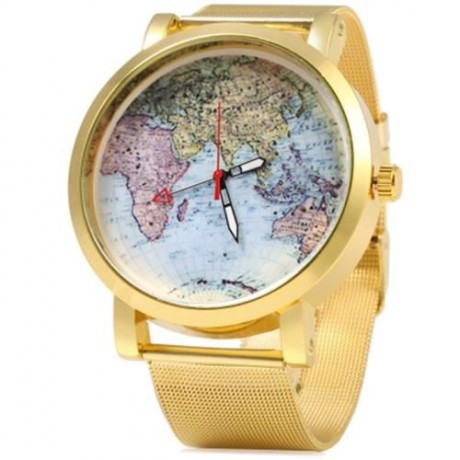 JUBAOLI 1096 WOMEN QUART WATCH MAP DECORATION BIG ROUND DIAL STEEL NET BAND (SILVER)