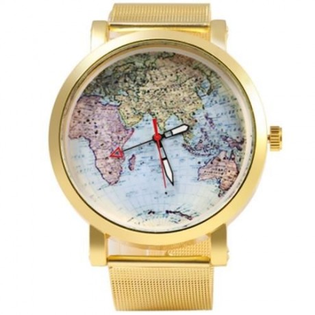 JUBAOLI 1096 WOMEN QUART WATCH MAP DECORATION BIG ROUND DIAL STEEL NET BAND (SILVER)