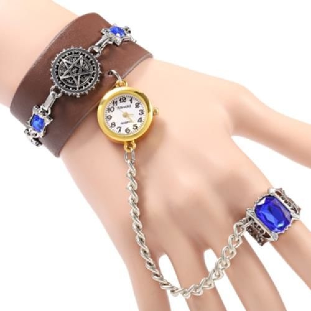 JUBAOLI 1093 LEATHER BAND DIAMOND FEMALE QUARTZ WATCH WITH RING (BROWN)