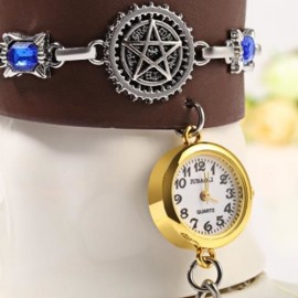 JUBAOLI 1093 LEATHER BAND DIAMOND FEMALE QUARTZ WATCH WITH RING (BROWN)