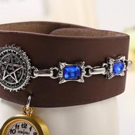 JUBAOLI 1093 LEATHER BAND DIAMOND FEMALE QUARTZ WATCH WITH RING (BROWN)