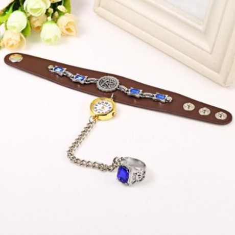 JUBAOLI 1093 LEATHER BAND DIAMOND FEMALE QUARTZ WATCH WITH RING (BROWN)