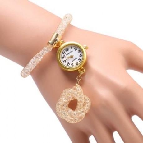 JUBAOLI 1111 FEMALE QUARTZ SHINY STAINLESS STEEL MESH BAND FLOWER PENDANT (GOLDEN)