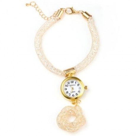 JUBAOLI 1111 FEMALE QUARTZ SHINY STAINLESS STEEL MESH BAND FLOWER PENDANT (GOLDEN)
