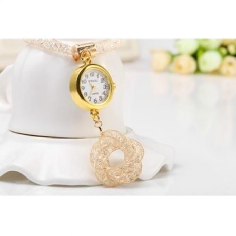 JUBAOLI 1111 FEMALE QUARTZ SHINY STAINLESS STEEL MESH BAND FLOWER PENDANT (GOLDEN)