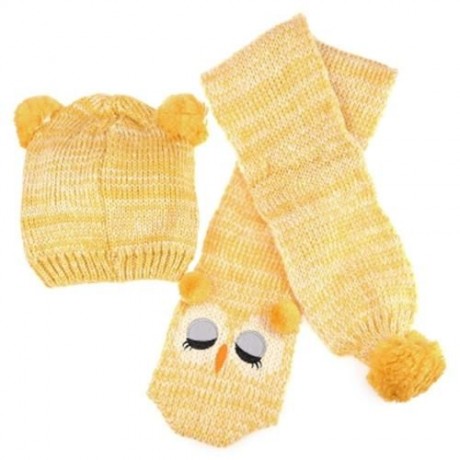 CUTE OWL POM-POM HAT WITH SCARF FOR CHILDREN (YELLOW)