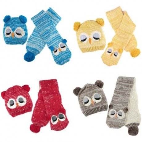 CUTE OWL POM-POM HAT WITH SCARF FOR CHILDREN (YELLOW)