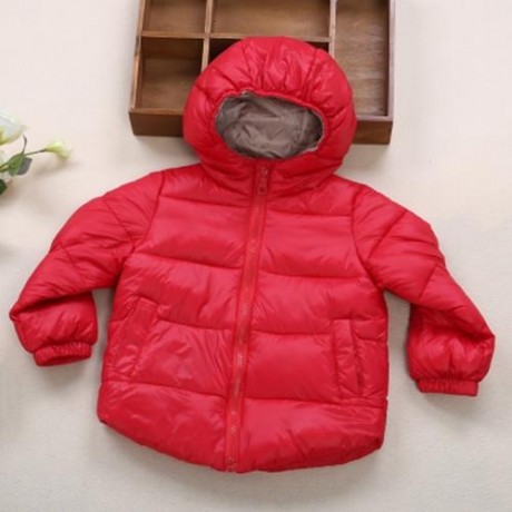 TRENDY HOODED ZIPPER POCKET DESIGN LONG SLEEVE PURE COLOR CHILDREN DOWN JACKET (RED)