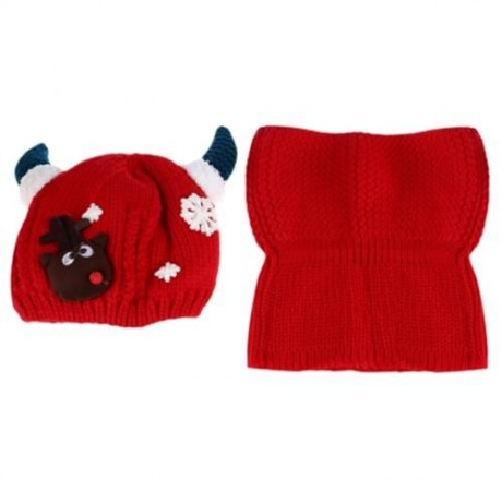 LOVELY HORN SNOW DEER PATTERN CHRISTMAS KNITTED WARM HAT WITH SCARF  FOR BABIES (RED)