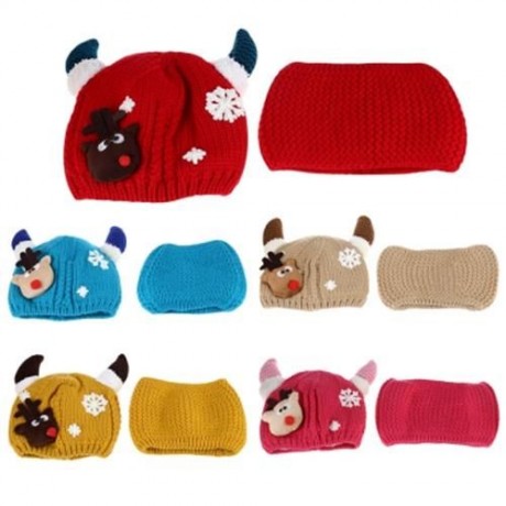 LOVELY HORN SNOW DEER PATTERN CHRISTMAS KNITTED WARM HAT WITH SCARF  FOR BABIES (RED)