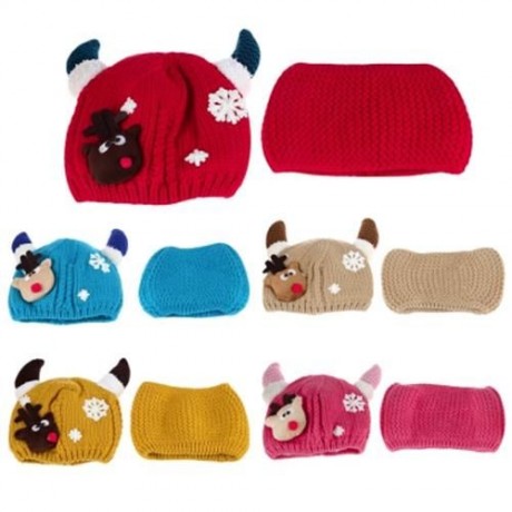 LOVELY HORN SNOW DEER PATTERN CHRISTMAS KNITTED WARM HAT WITH SCARF  FOR BABIES (LAKE BLUE