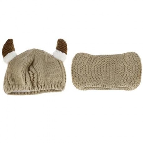 LOVELY HORN SNOW DEER PATTERN CHRISTMAS KNITTED WARM HAT WITH SCARF  FOR BABIES (OFF-WHITE