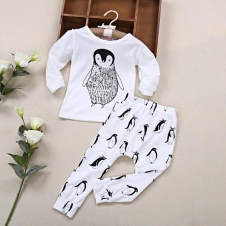 INFANT BABY CHILD UNISEX CUTE 2PCS CARTOON ANIMAL PENGUIN PRINT ROUND COLLAR LONG SLEEVE T