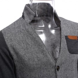 CASUAL PATCHWORK DESIGN POCKET DECORATION MALE STAND COLLAR COAT (GRAY)