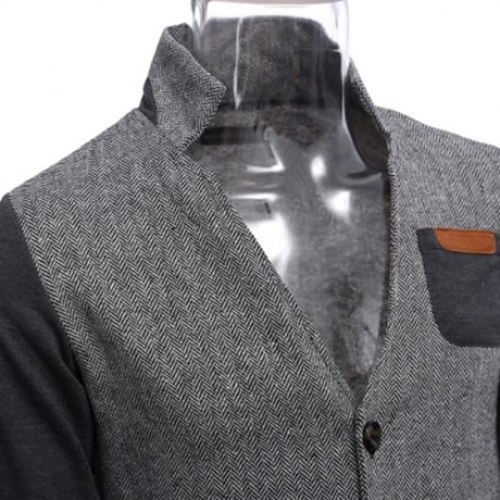CASUAL PATCHWORK DESIGN POCKET DECORATION MALE STAND COLLAR COAT (GRAY)