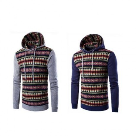 CASUAL COLOR BLOCK PATTERN PRINT MALE LONG SLEEVE HOODIE (DEEP BLUE)