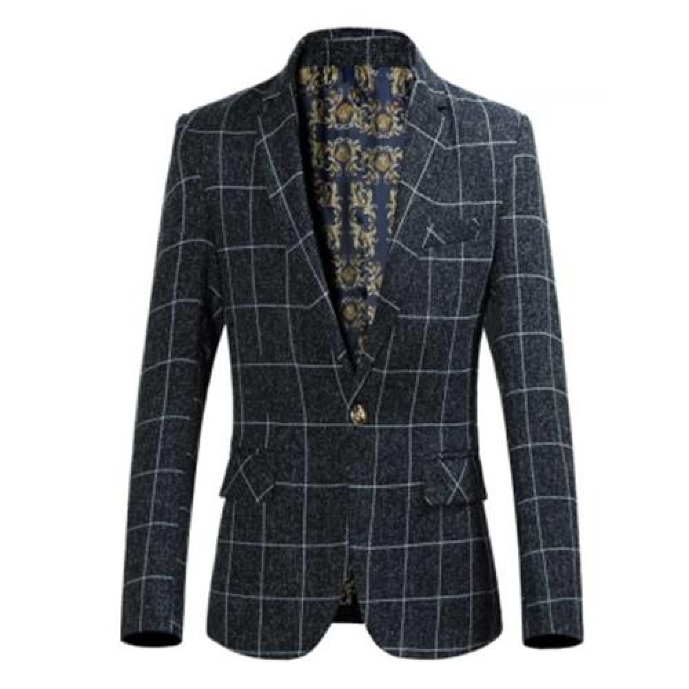 STYLISH GRID DESIGN FLORAL PRINT INSIDE TURN DOWN COLLAR MALE SLIM FIT SUIT (DEEP GRAY) STYLISH GRID DESIGN FLORAL PRINT INSIDE TURN DOWN COLLAR MALE SLIM FIT SUIT (DEEP GRAY)