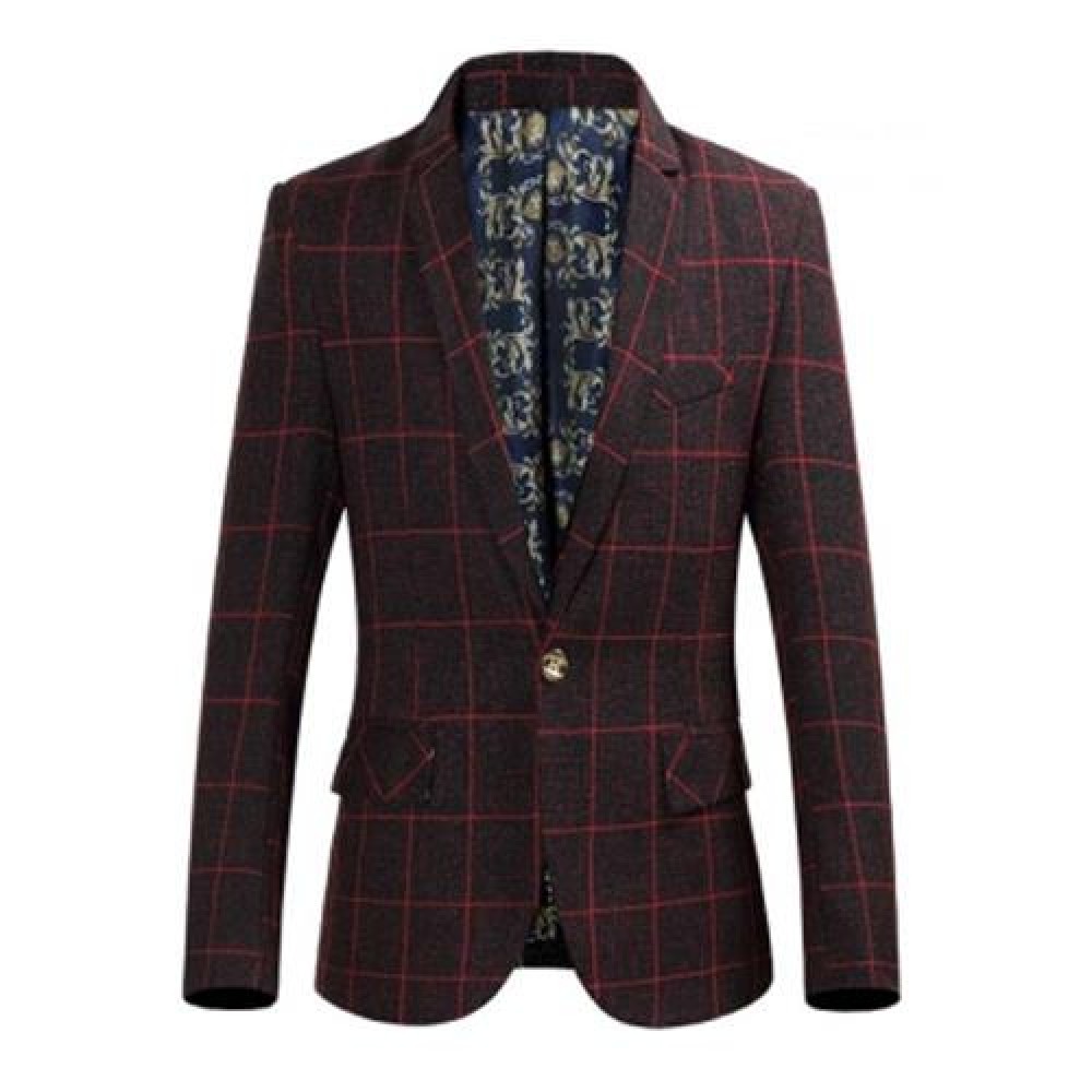 STYLISH GRID DESIGN FLORAL PRINT INSIDE TURN DOWN COLLAR MALE SLIM FIT SUIT (CLARET)