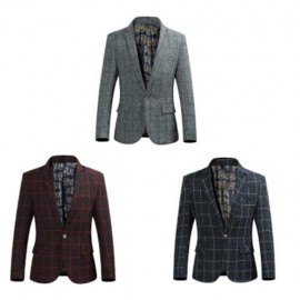 STYLISH GRID DESIGN FLORAL PRINT INSIDE TURN DOWN COLLAR MALE SLIM FIT SUIT (CLARET)