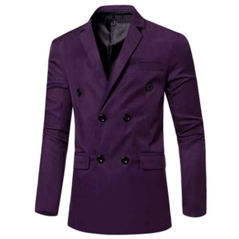 SIMPLE DESIGN SOLID COLOR POCKET DECORATION DOUBLE-BREASTED MALE SUIT JACKET (DEEP PURPLE) SIMPLE DESIGN SOLID COLOR POCKET DECORATION DOUBLE-BREASTED MALE SUIT JACKET (DEEP PURPLE)