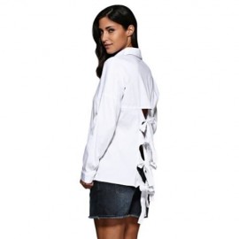BRIEF TURN DOWN COLLAR PURE COLOR HOLLOW OUT CRISS-CROSS SHIRT FOR WOMEN (WHITE)