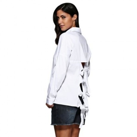 BRIEF TURN DOWN COLLAR PURE COLOR HOLLOW OUT CRISS-CROSS SHIRT FOR WOMEN (WHITE)