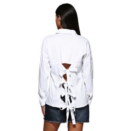 BRIEF TURN DOWN COLLAR PURE COLOR HOLLOW OUT CRISS-CROSS SHIRT FOR WOMEN (WHITE)