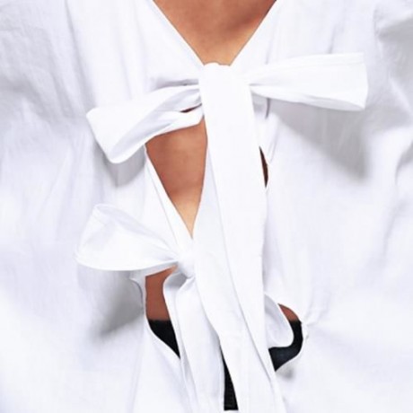 BRIEF TURN DOWN COLLAR PURE COLOR HOLLOW OUT CRISS-CROSS SHIRT FOR WOMEN (WHITE)