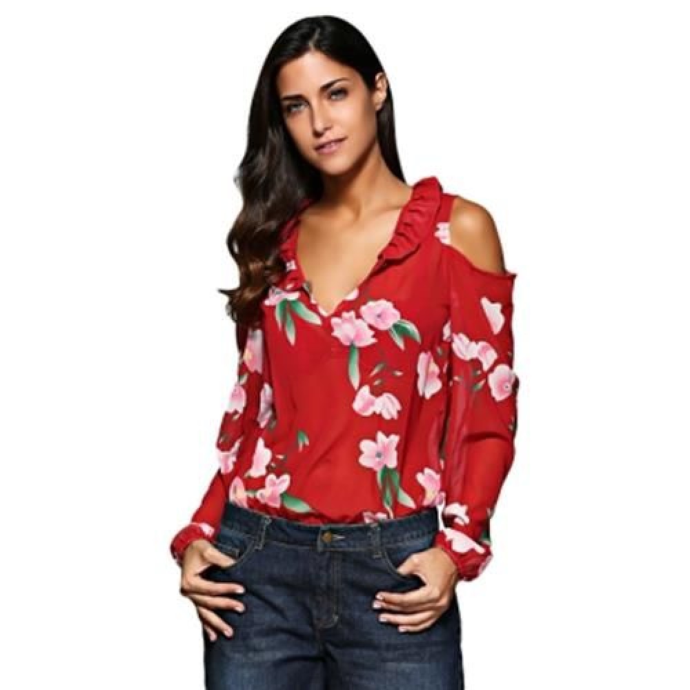 V-NECK FLARE SLEEVE FLOUNCED FLORAL CUT OUT CHIFFON BLOUSE FOR WOMEN (RED)
