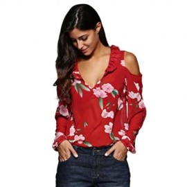 V-NECK FLARE SLEEVE FLOUNCED FLORAL CUT OUT CHIFFON BLOUSE FOR WOMEN (RED)