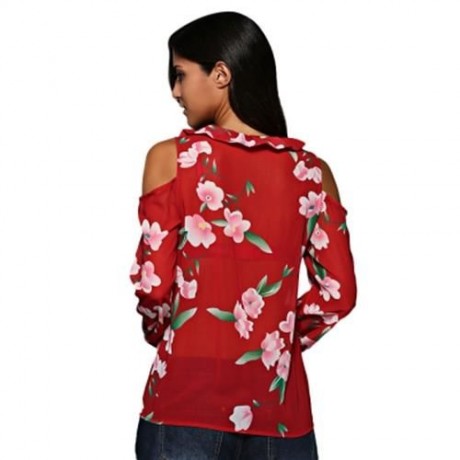 V-NECK FLARE SLEEVE FLOUNCED FLORAL CUT OUT CHIFFON BLOUSE FOR WOMEN (RED)
