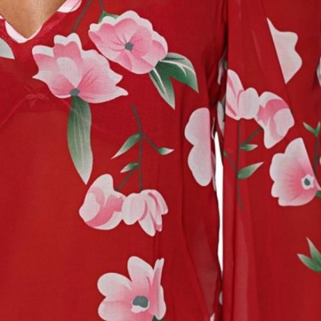 V-NECK FLARE SLEEVE FLOUNCED FLORAL CUT OUT CHIFFON BLOUSE FOR WOMEN (RED)